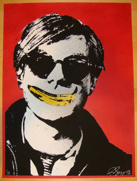 2012 Andy Warhol w/ Banana Smile - Red Art Print by Rene Gagnon