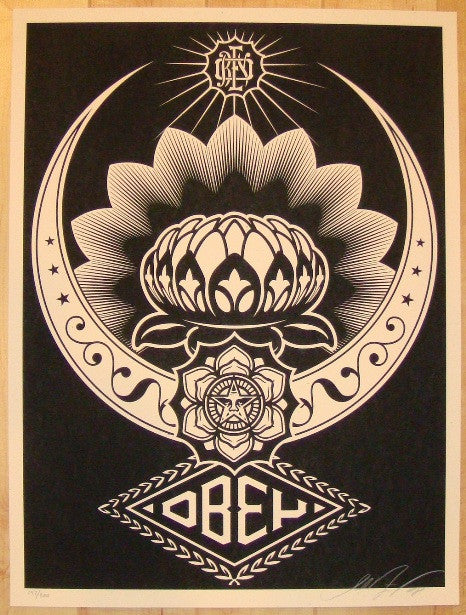 2008 Lotus Ornament - Black Silkscreen Print by Shepard Fairey