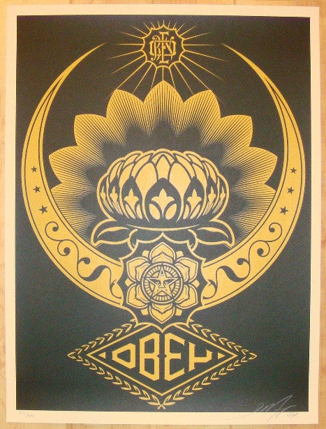 2008 Lotus Ornament - Gold Silkscreen Print by Shepard Fairey